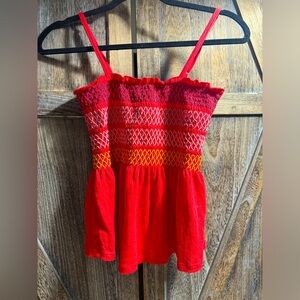 Vibrant red and multicolor top
